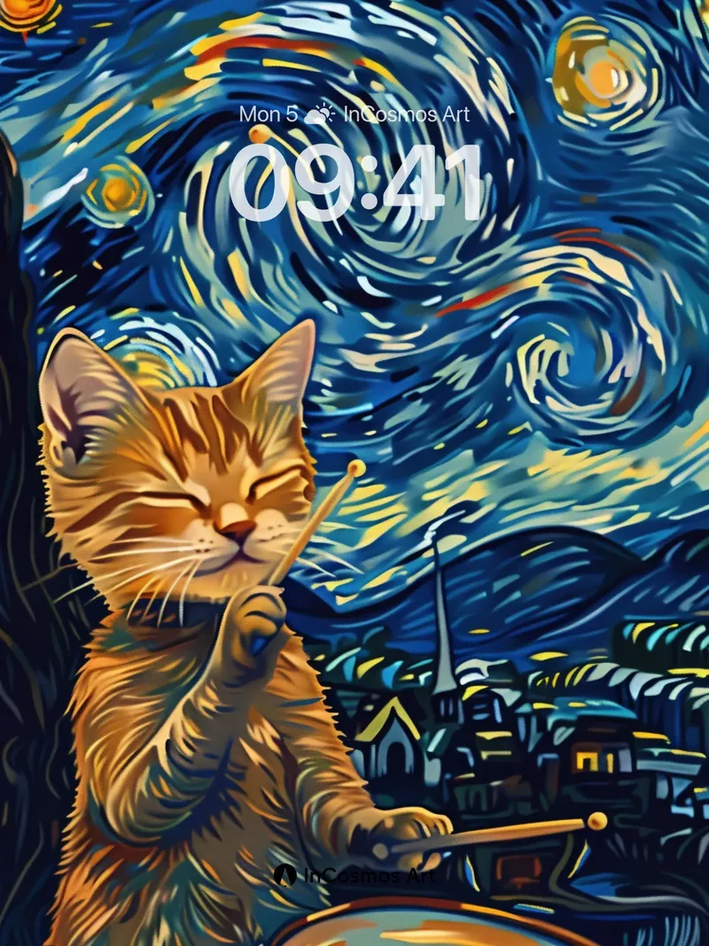 Starry Night Rhythm Wallpaper with Feline Drummer