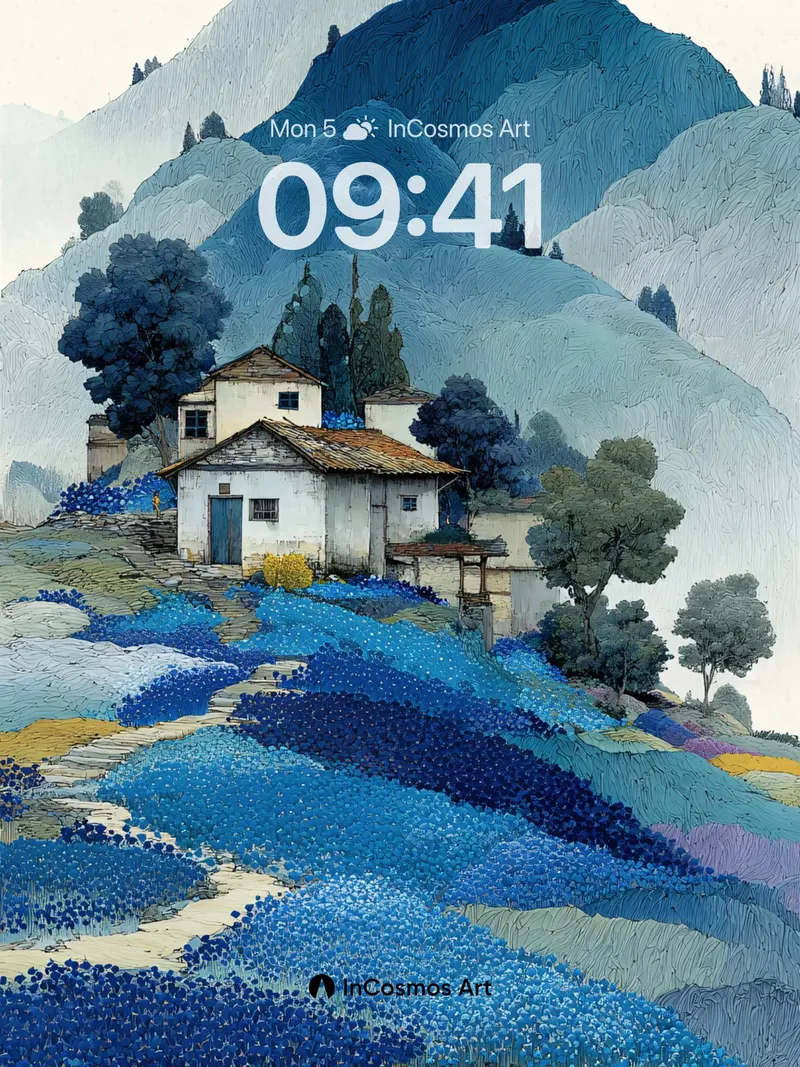 Serenity in Blue Fields Wallpaper with Mountain Hush