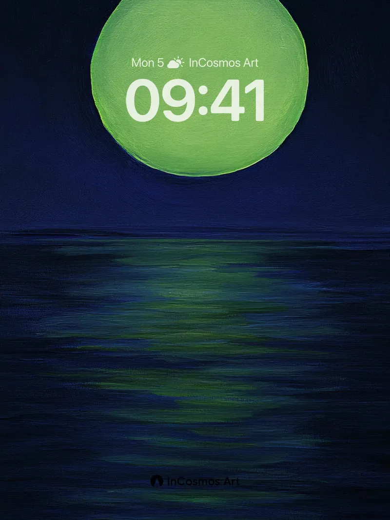 Luminous Green Moon Wallpaper with Ocean Reflection
