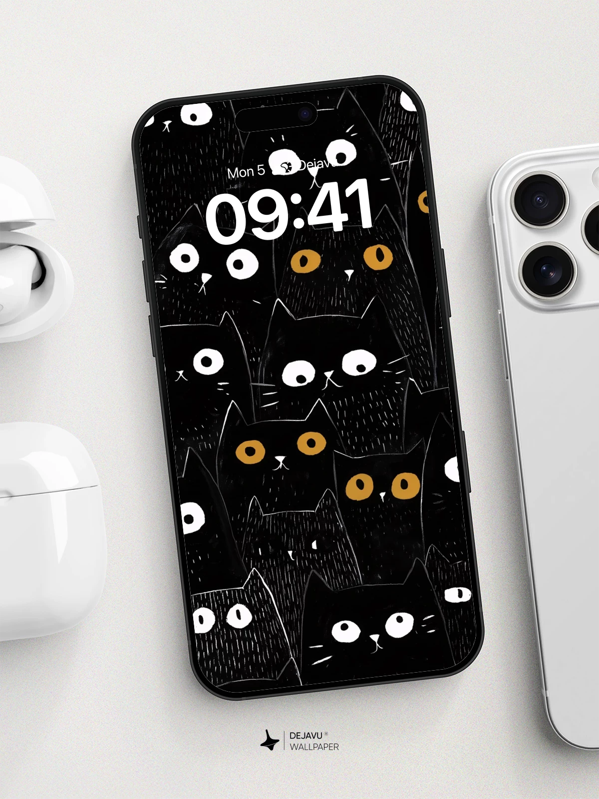 Whimsical Black Cats Pattern Wallpaper 8K for iPhone and Android