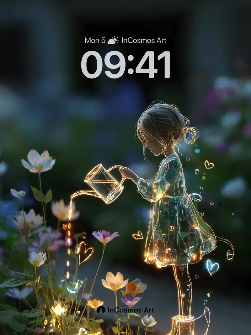 Luminous Garden Wallpaper with Floating Hearts