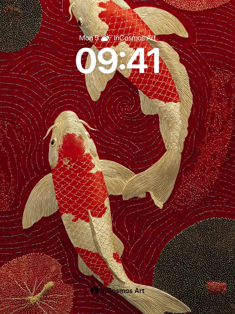 Crimson Current Wallpaper with Koi and Lotus