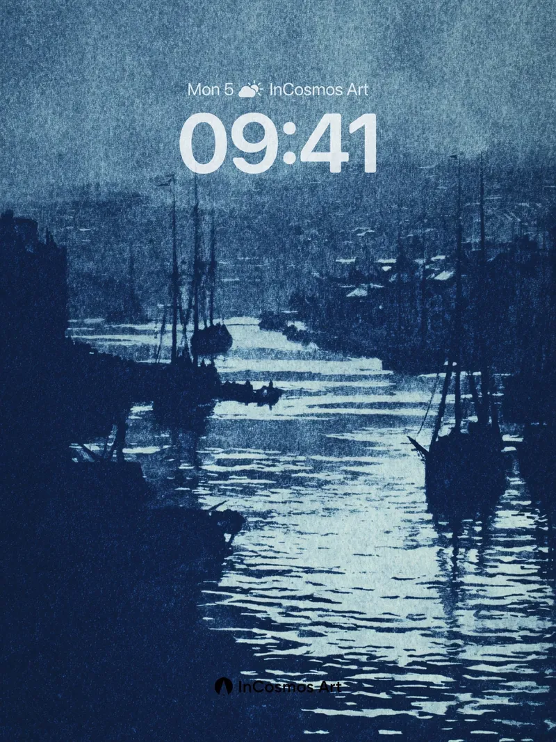 Nocturnal Harbor Wallpaper in Cyanotype Hues