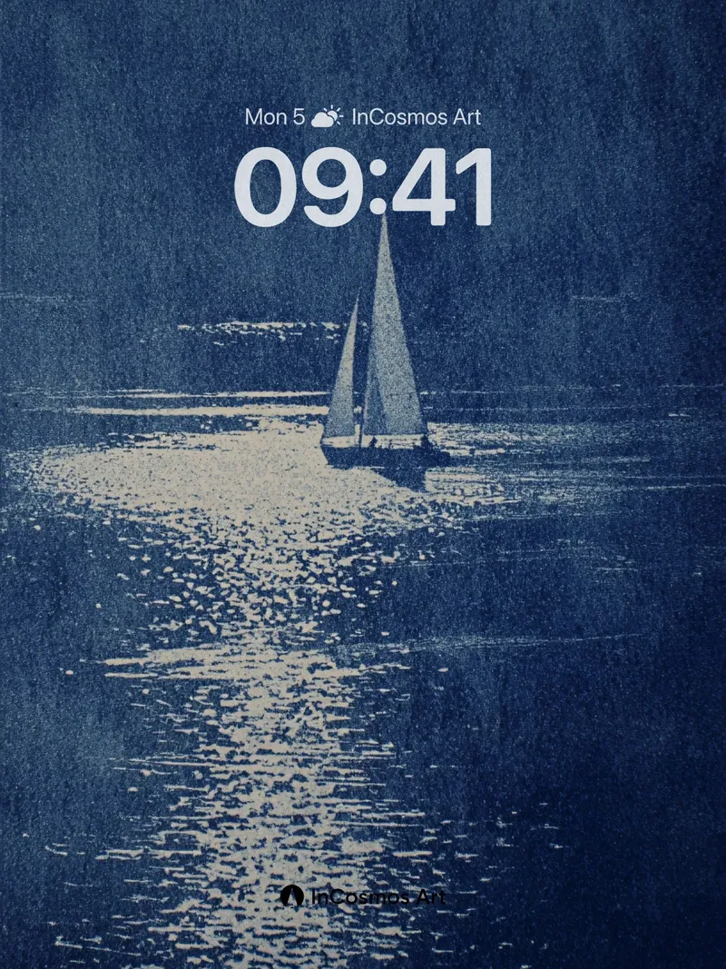 Moonlit Sail Wallpaper with Cyanotype Texture