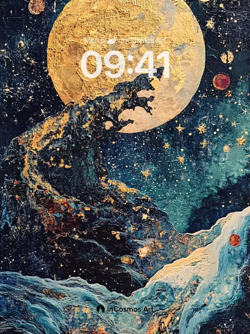Cosmic Wave Wallpaper with Golden Moon