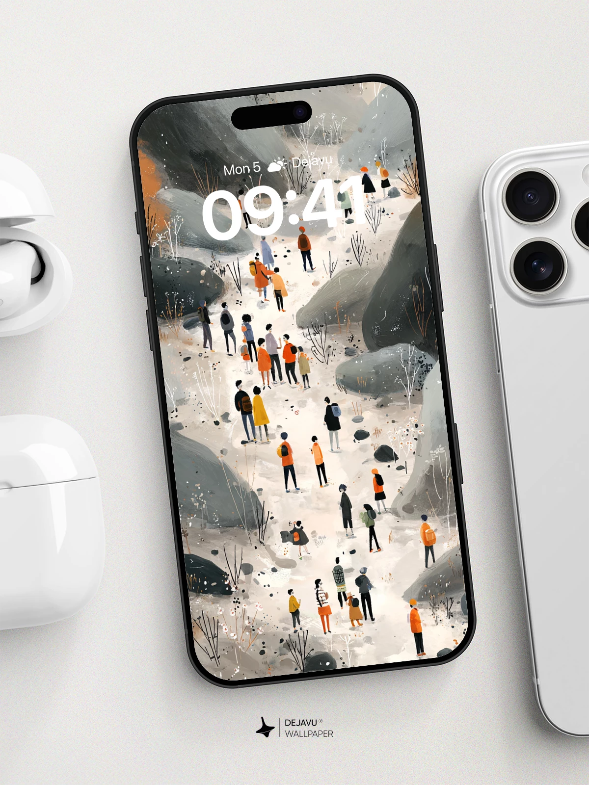 Winter Hikers Valley Wallpaper 8K for iPhone and Android
