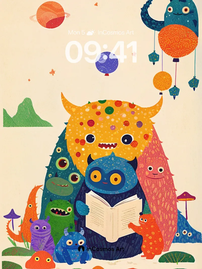 Whimsical Monster Gathering Wallpaper with Celestial Balloons