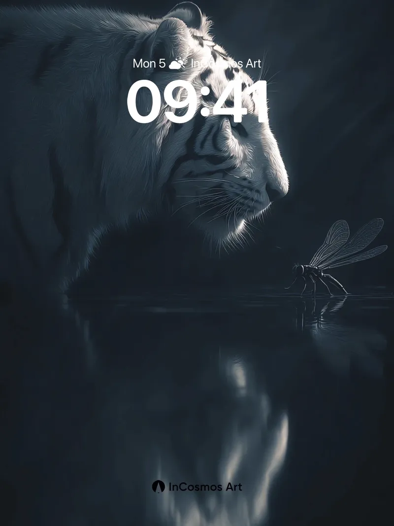 Serenity of Shadows Wallpaper with Tiger and Dragonfly