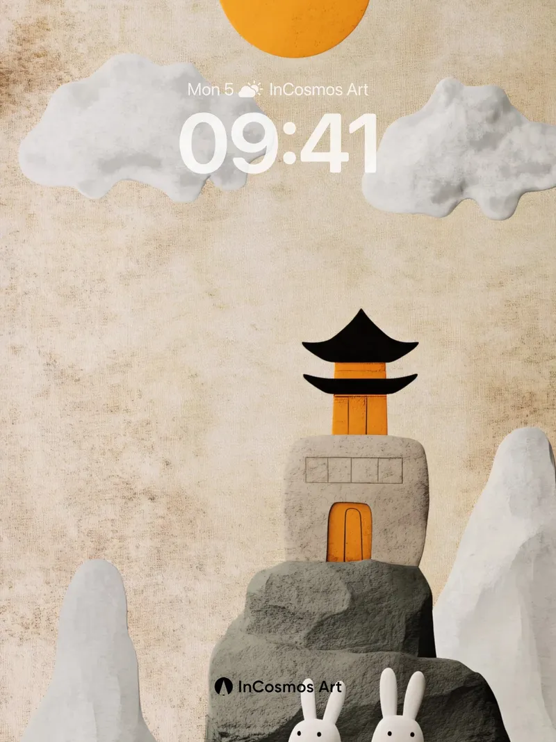 Serene Stone Pagoda Wallpaper with Moon Rabbits