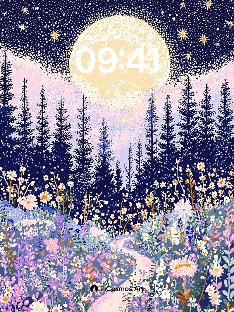 Luminous Meadow Wallpaper Under Moonlit Canopy