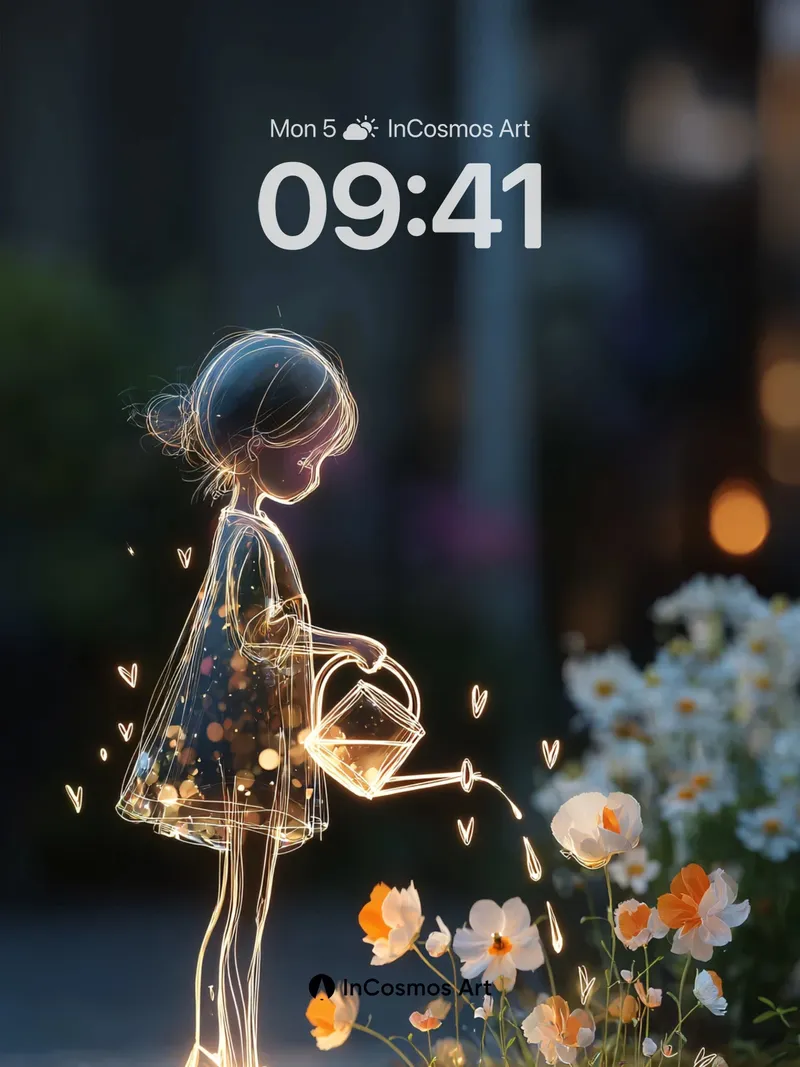 Luminous Garden Wallpaper with Floating Hearts