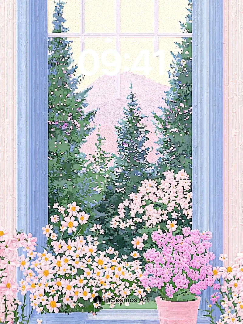 Serenity Through Window Wallpaper with Floral Embrace