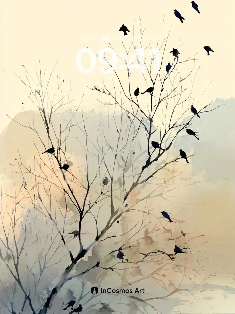 Silent Flight Wallpaper with Ink-Brush Trees