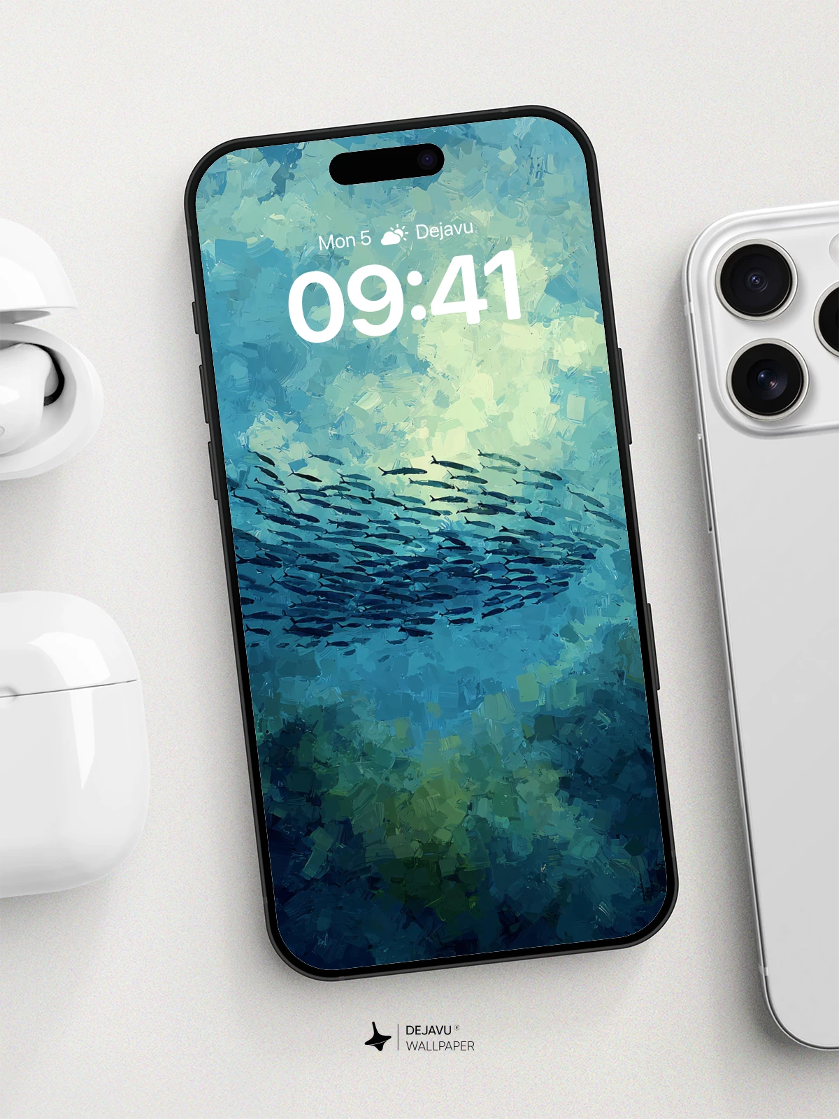 Underwater School of Fish Art Wallpaper 8K for iPhone and Android