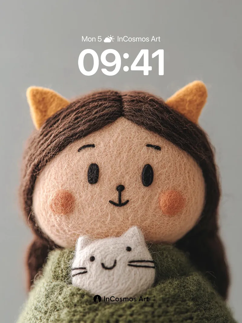 Whimsical Felted Cat-Eared Doll Wallpaper with Knitted Embrace