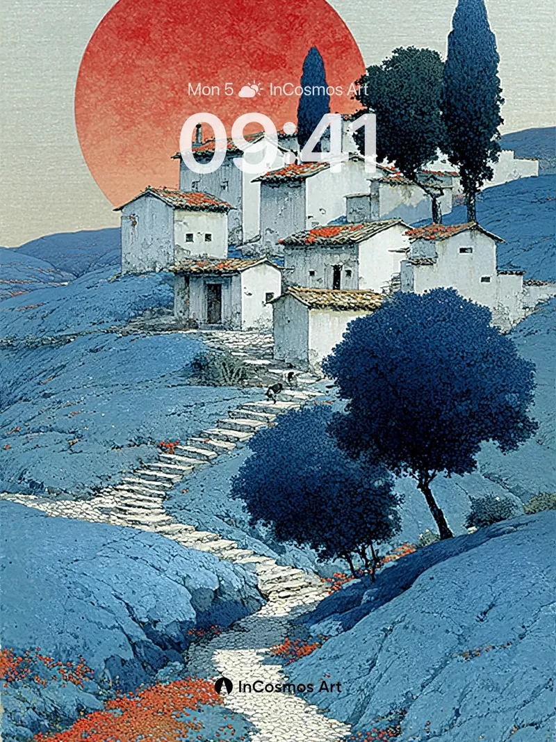 Crimson Sunset Wallpaper with Stone Pathways