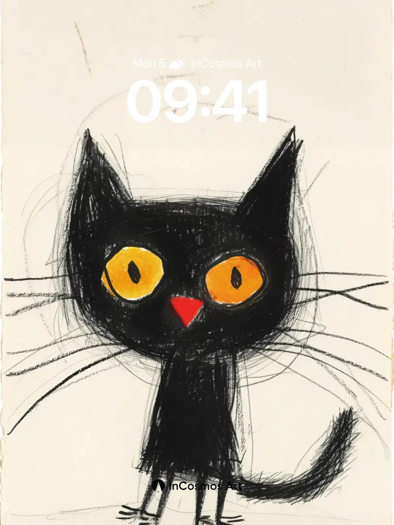 Whimsical Ink Cat Wallpaper with Expressive Eyes