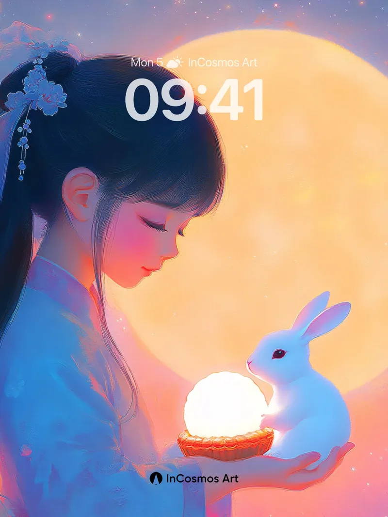 Lunar Whispers Wallpaper with Moonlit Rabbit