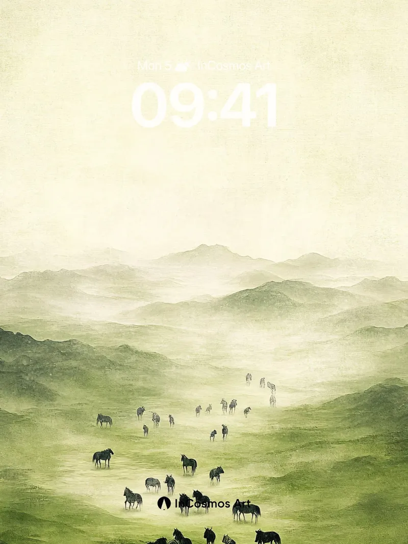 Mist-Whispered Herd Wallpaper with Rolling Green Veils