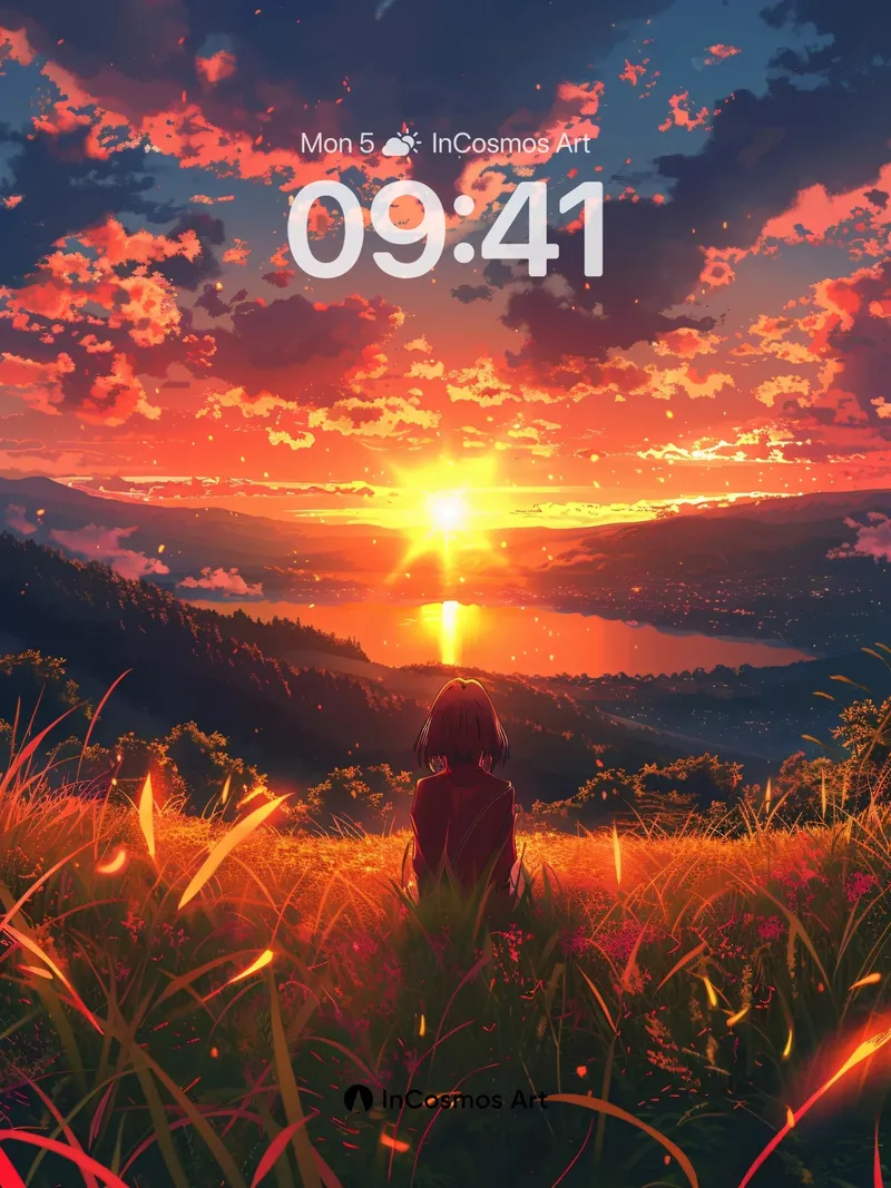 Crimson Horizon Wallpaper with Whispering Grass