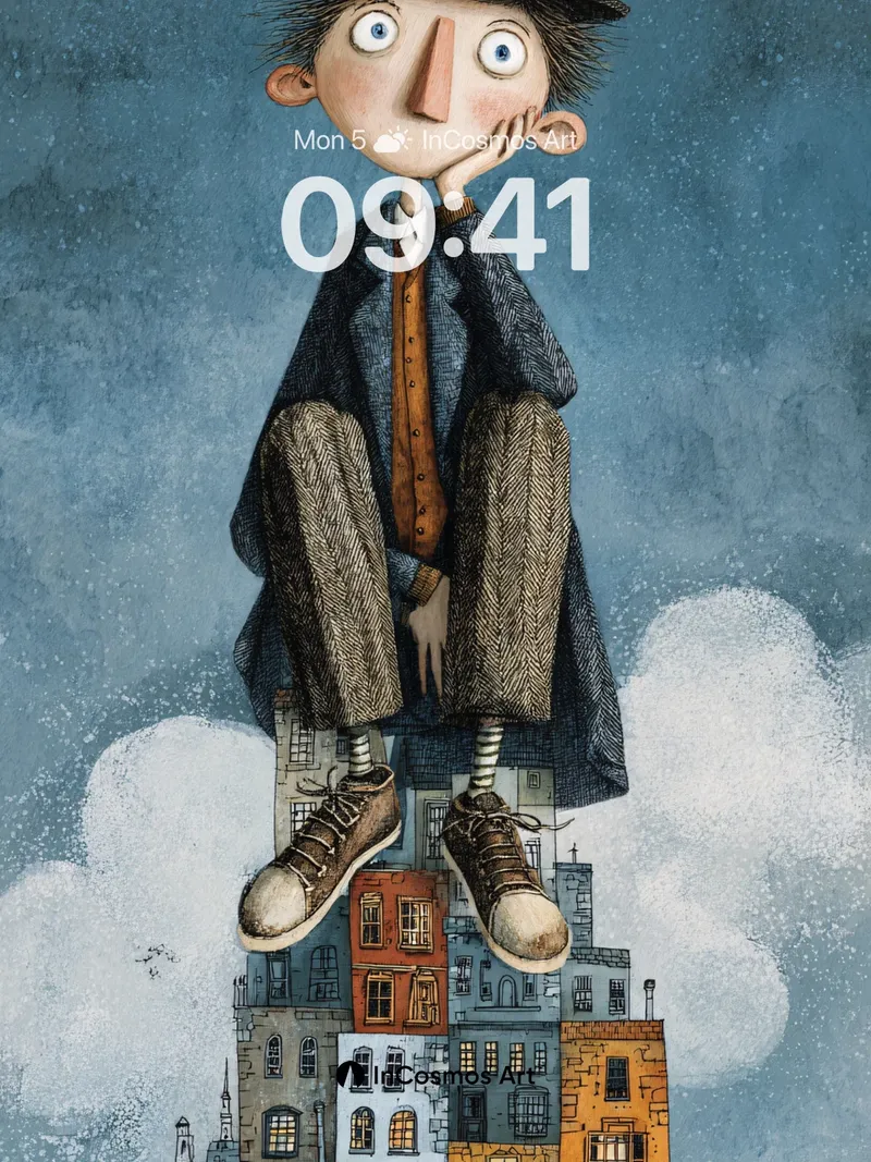 Whimsical Cloud Perch Wallpaper with Stacked City