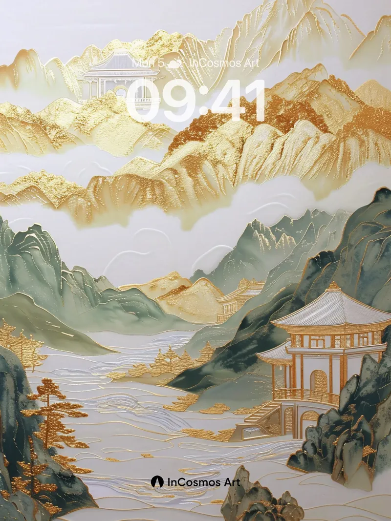 Golden Reverie Wallpaper with Floating Pavilions