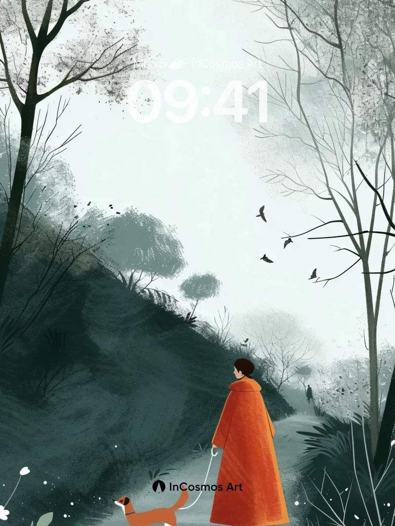 Misty Path Wallpaper with Orange Cloak