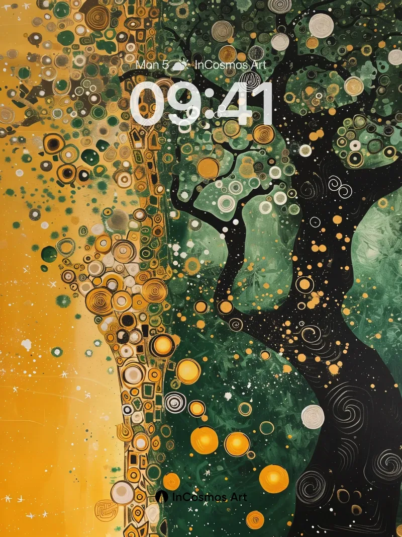 Golden Vein Tree Wallpaper with Cosmic Circles