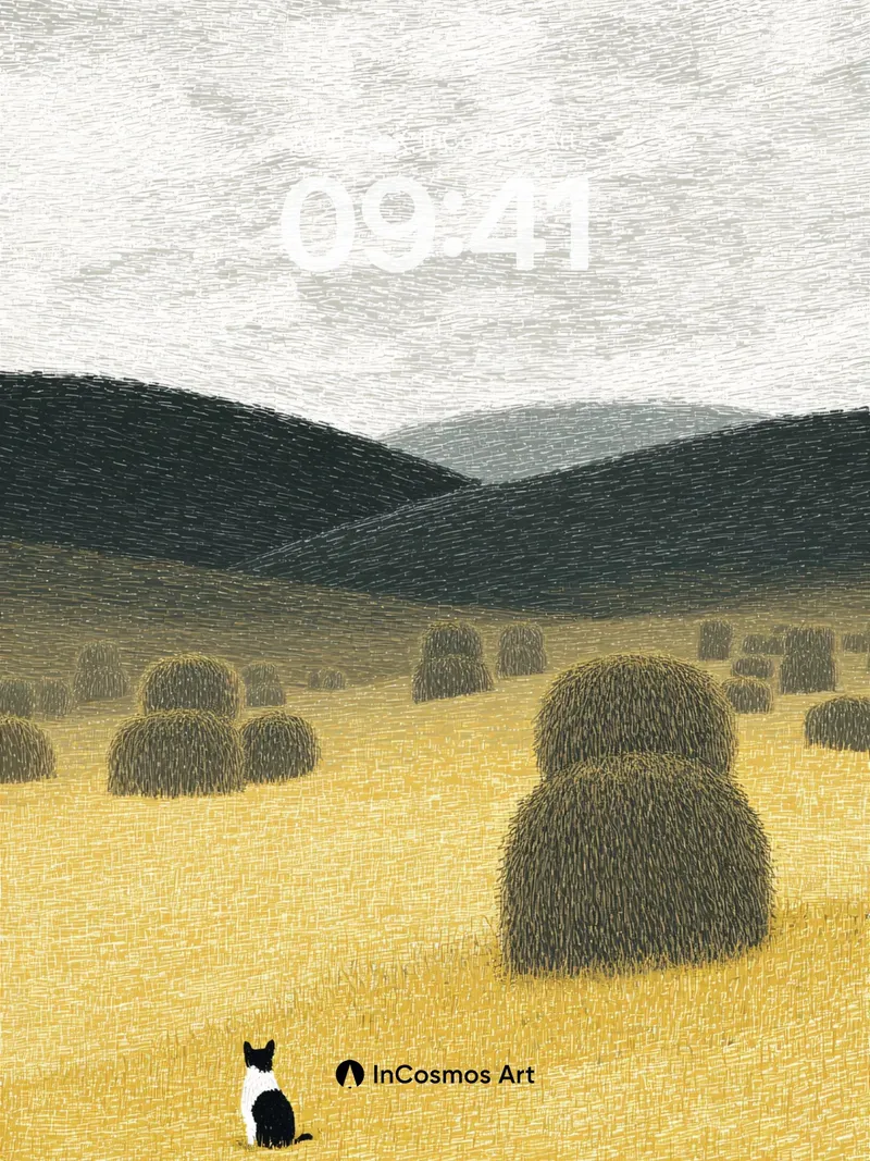 Serenity Hayfield Wallpaper with Solitary Cat