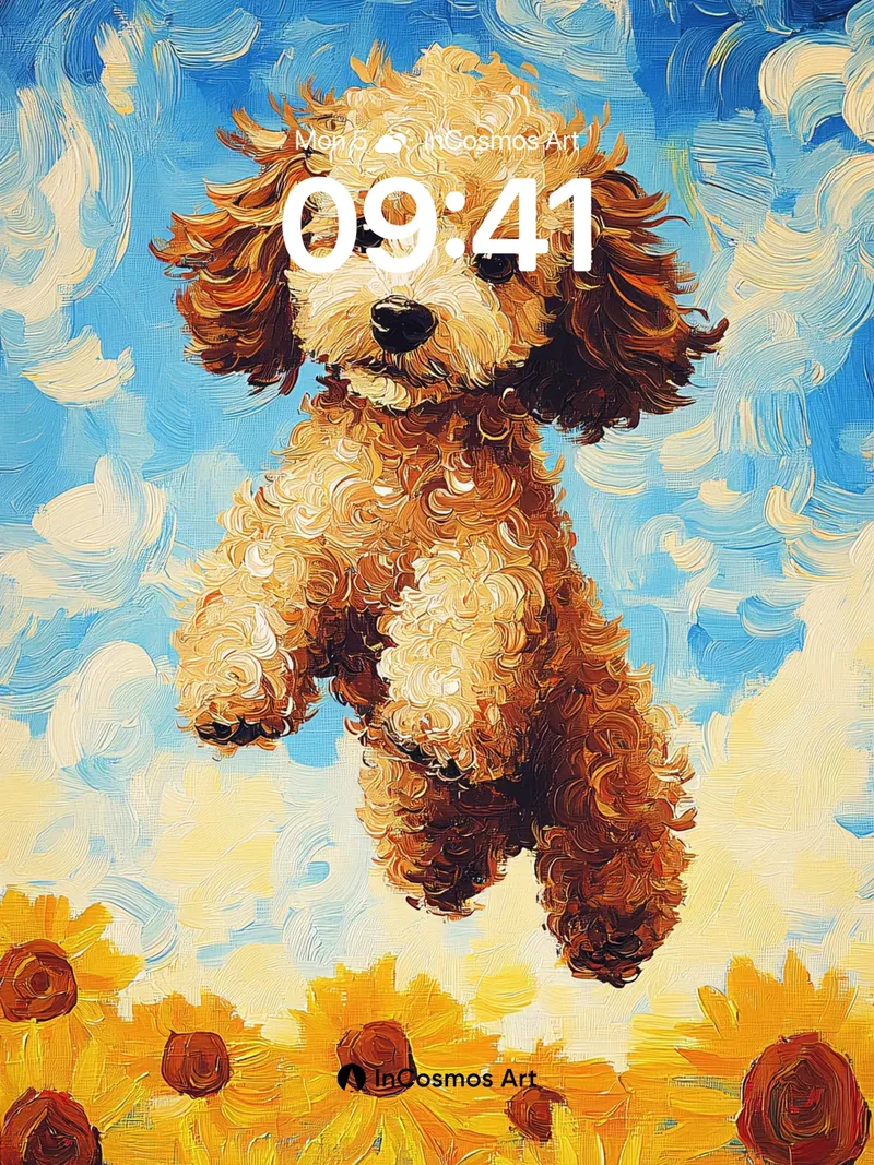 Whimsical Poodle Leap Wallpaper with Sunflower Sky