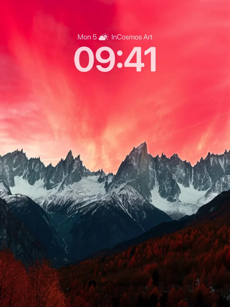 Crimson Skyline Wallpaper with Snow-Crowned Peaks