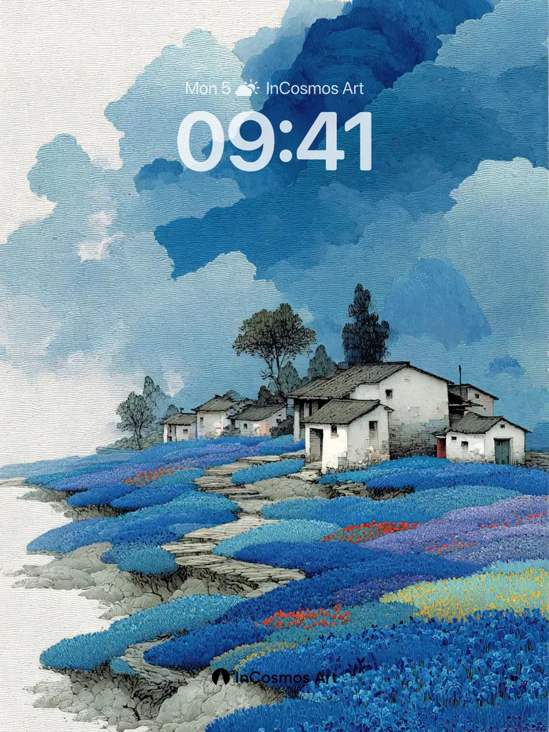 Serenity in Blue Fields Wallpaper with Mist-Covered Peaks