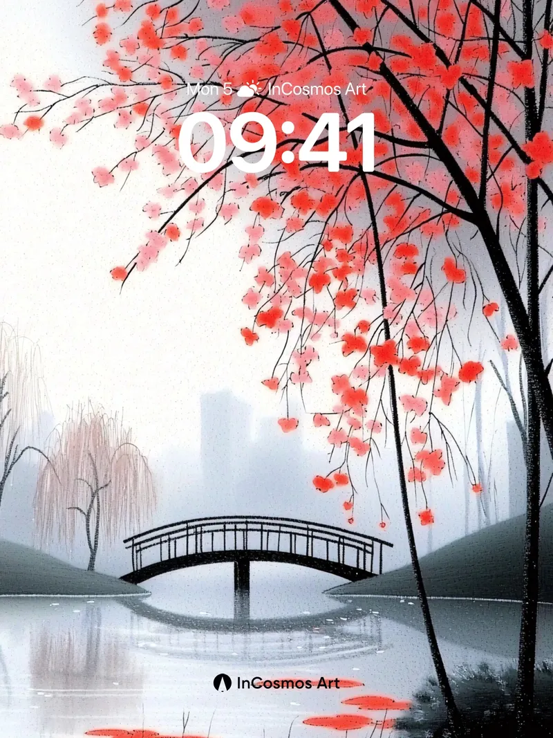 Serene Cherry Bloom Wallpaper with Misty Bridge