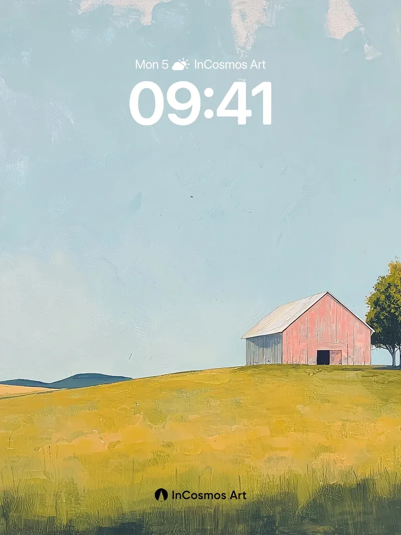 Serenity Field Wallpaper with Rustic Red Barn