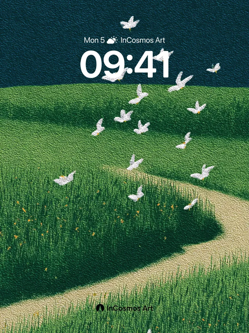 Whispering Meadow Wallpaper with Fluttering Feathers