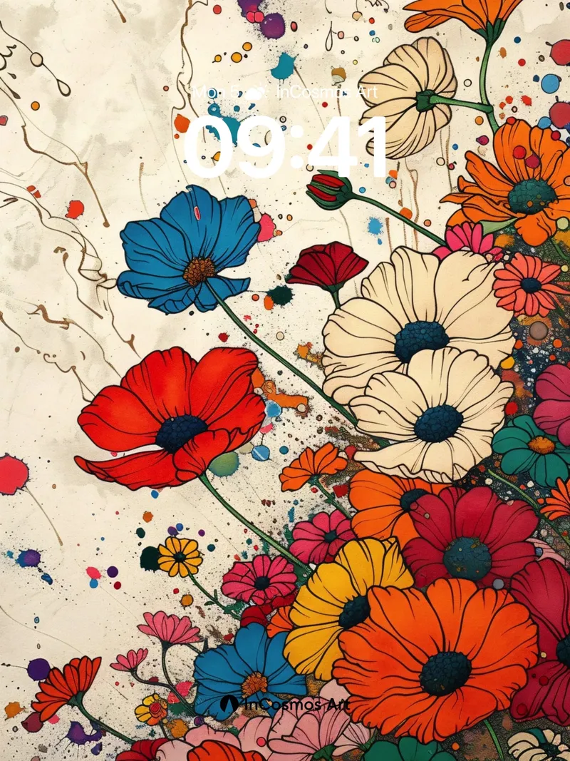 Chromatic Bloom Wallpaper with Paint-Splashed Vines