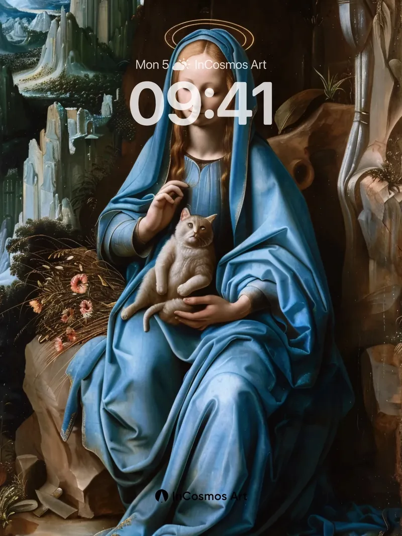 Serene Blue Veil Wallpaper with Sacred Cat