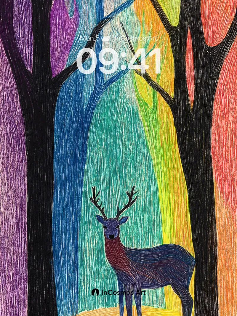 Rainbow Forest Wallpaper with Velvet Deer