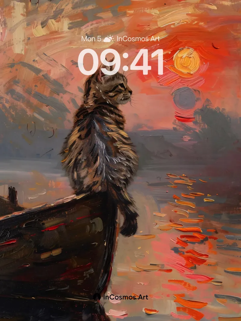 Serenity Sunset Wallpaper with Feline Silhouette