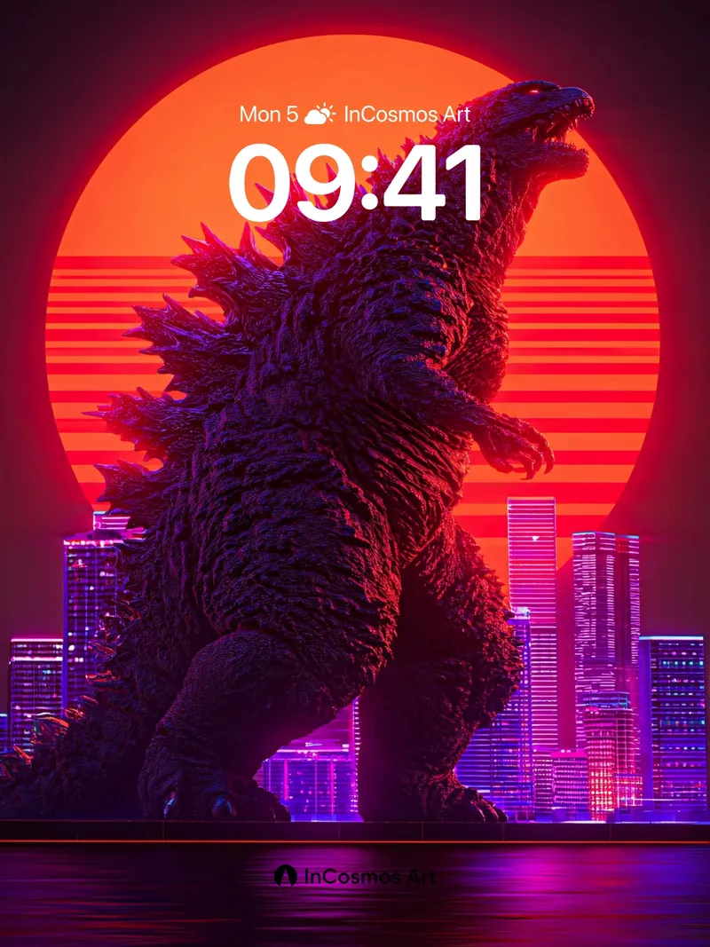 Neon Eclipse Wallpaper with Godzilla Silhouette