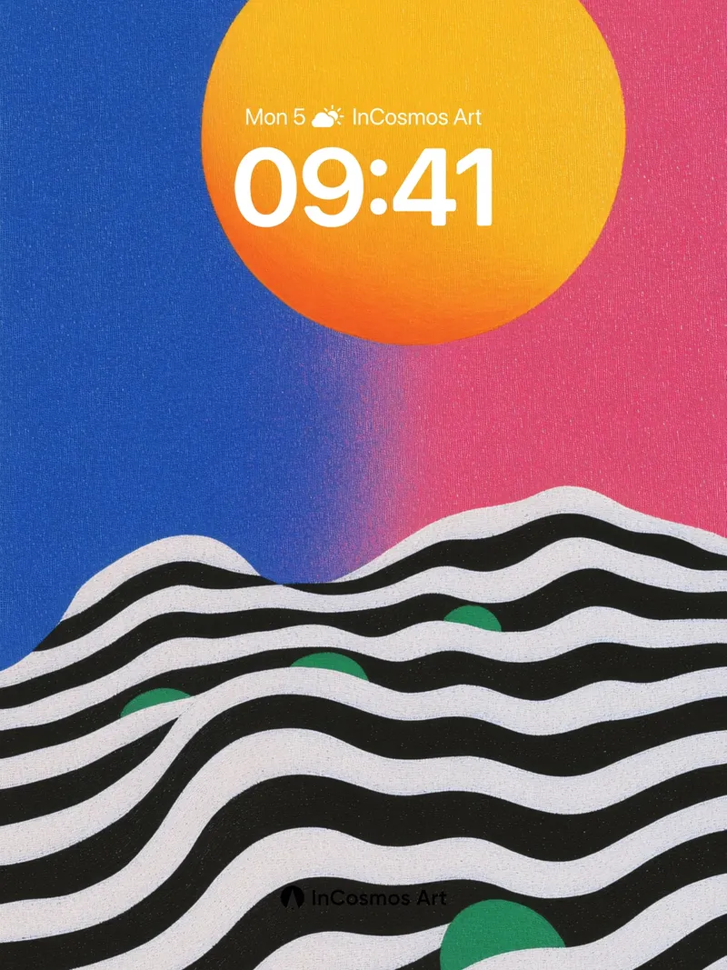 Sunset Wave Wallpaper with Geometric Hills