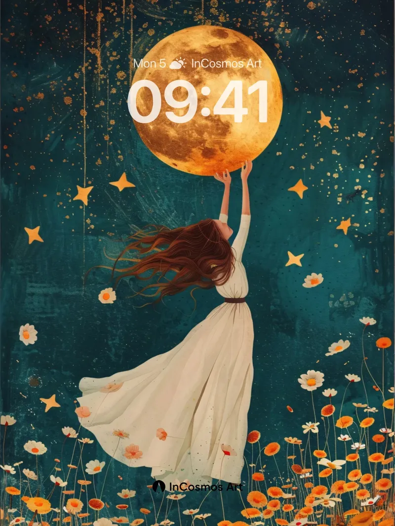 Lunar Drift Wallpaper with Floating Flowers