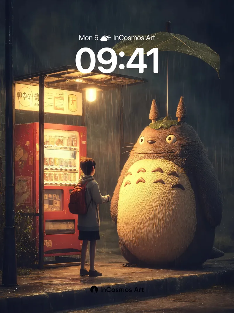Rainlit Totoro Wallpaper with Leaf Umbrella