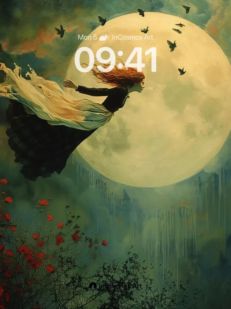 Lunar Drift Wallpaper with Crimson Bloom