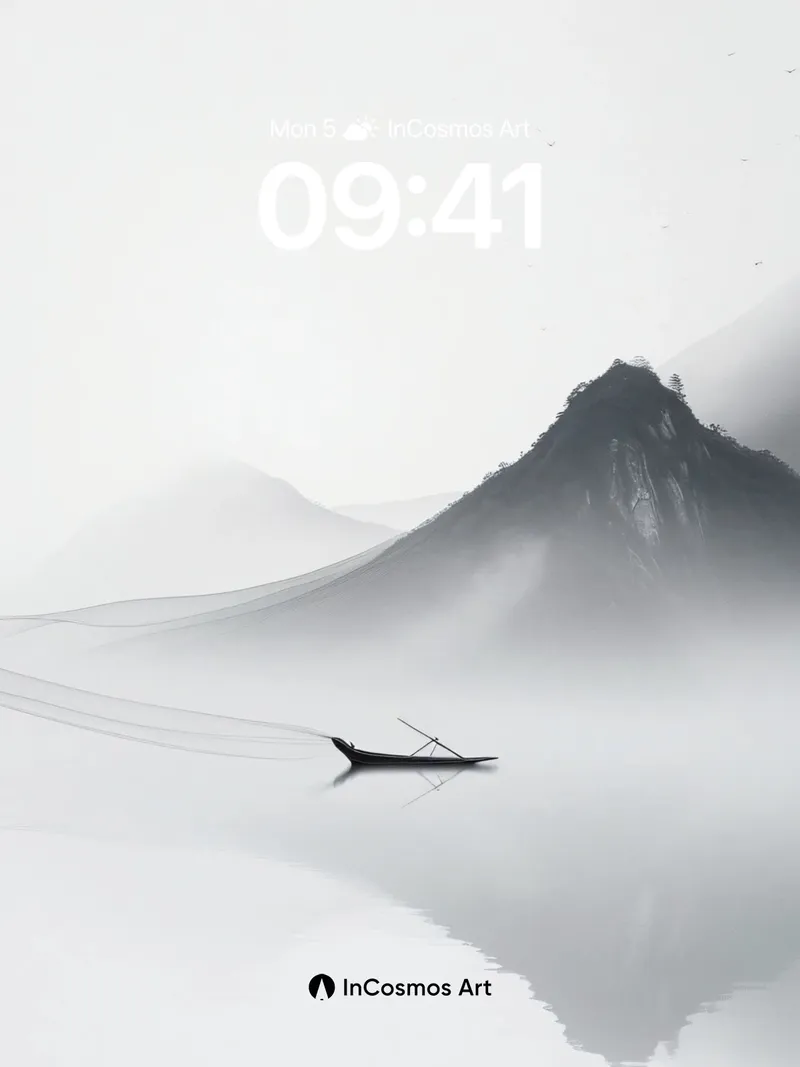 Serenity Mountain Wallpaper with Floating Boat