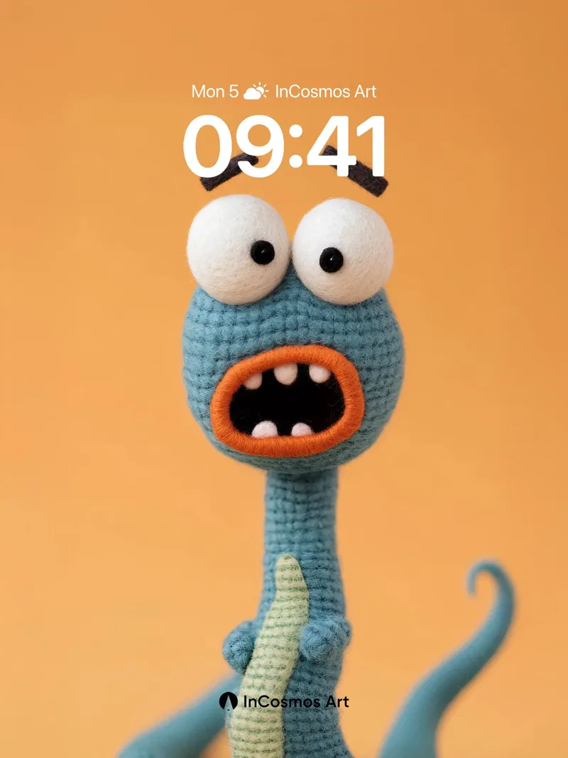 Playful Knit Creature Wallpaper with Wide-Eyed Surprise