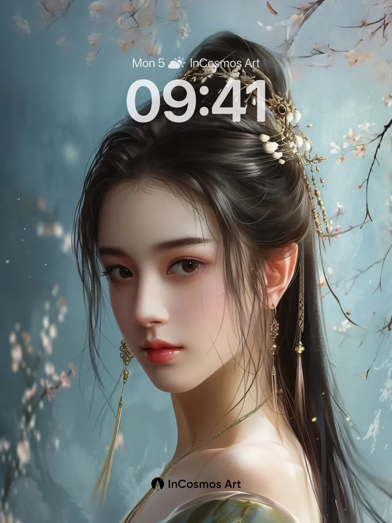 Serene Blossom Wallpaper with Pearl-Threaded Hair