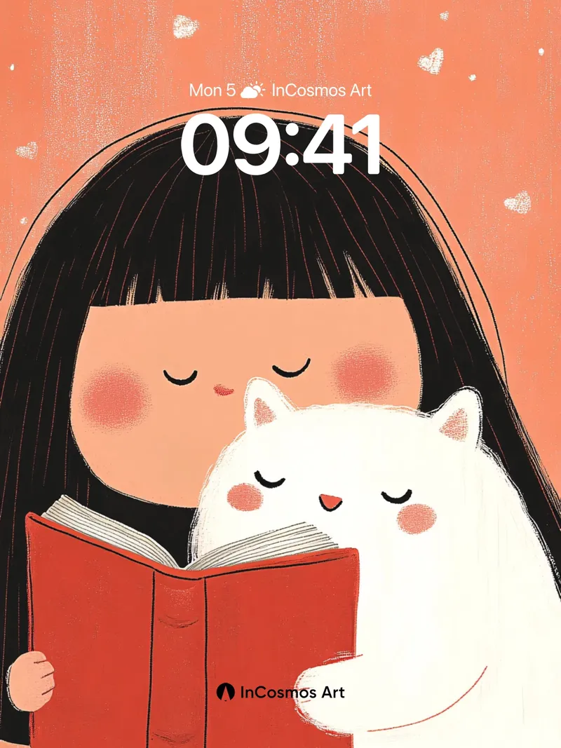 Serene Reading Moment Wallpaper with Feline Companion