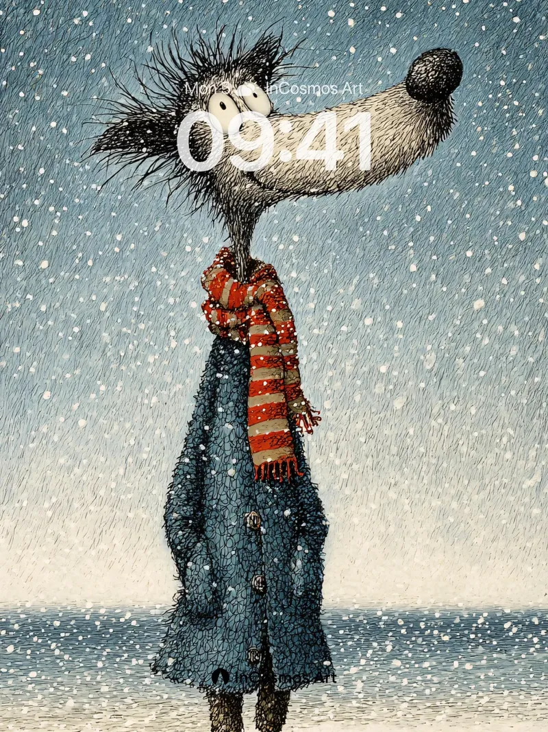 Whimsical Snowfall Wallpaper with Quirky Canine Charm