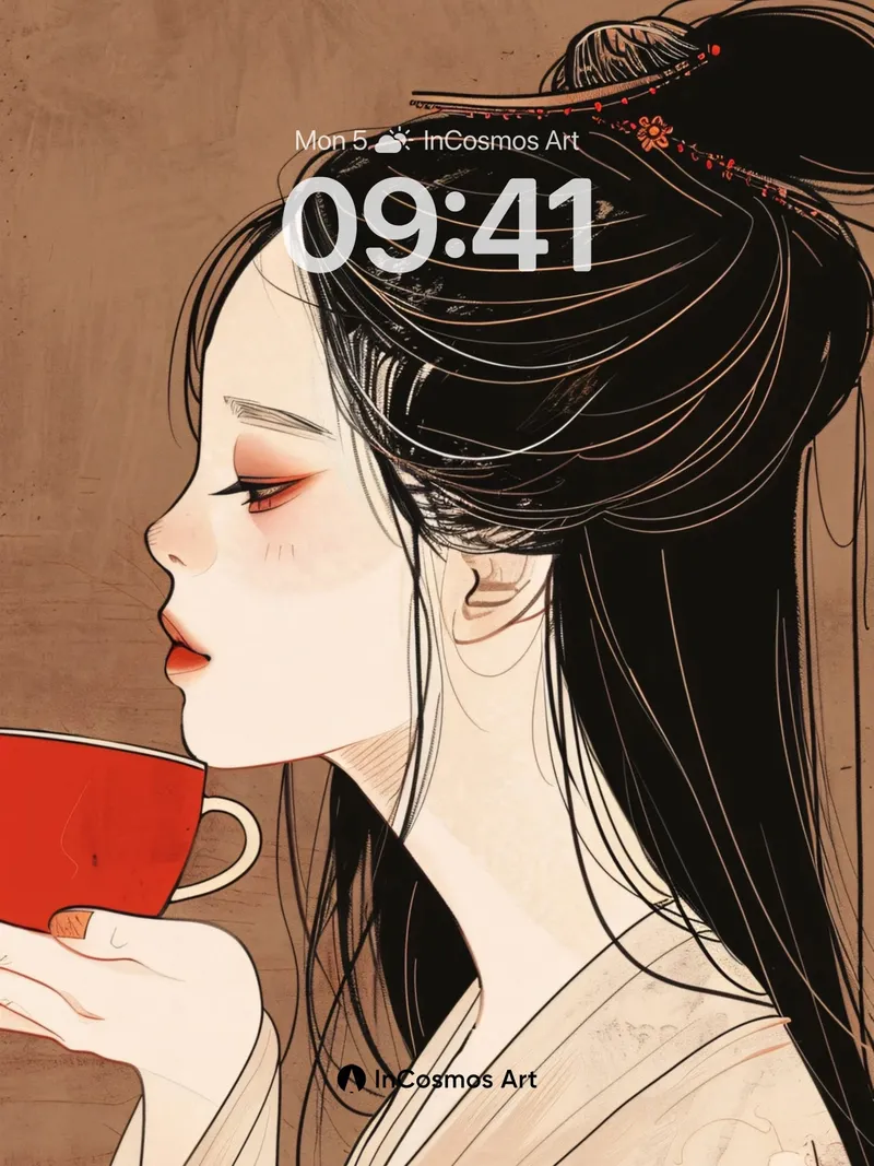 Serene Ink Portrait Wallpaper with Red Tea Moment